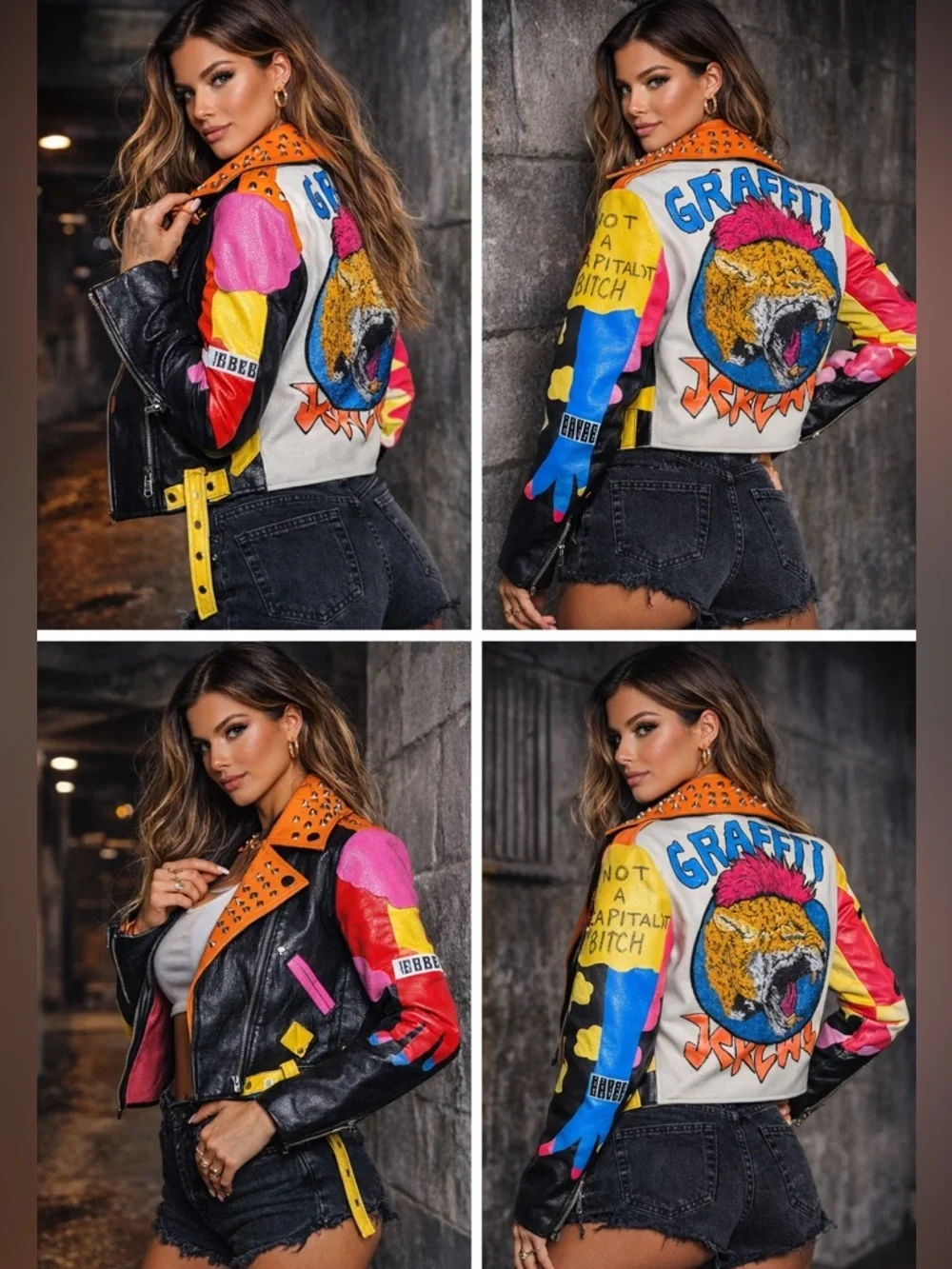 Bold Azalea Wang “Graffiti Kisses” Leather Moto Jacket Large